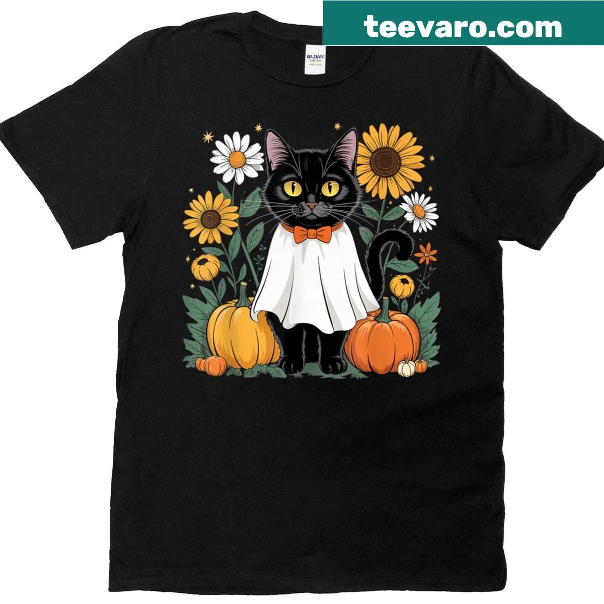 Cute Halloween T-shirt with ghost and black cat design — on a men's t-shirt