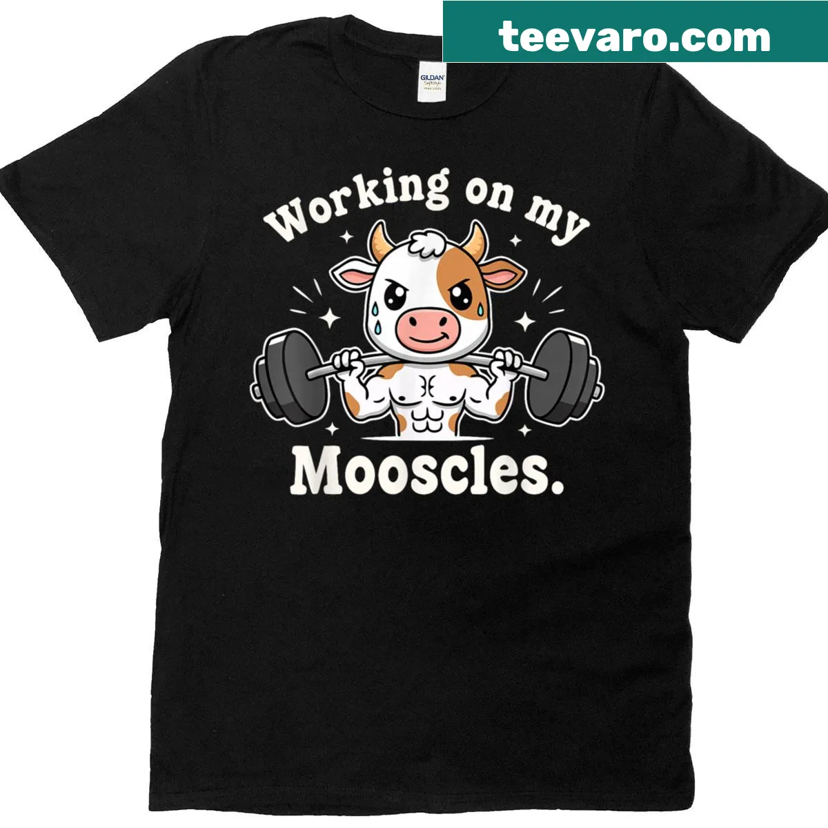 Funny workout t-shirt featuring cow theme and mooscles pun — on a men's t-shirt