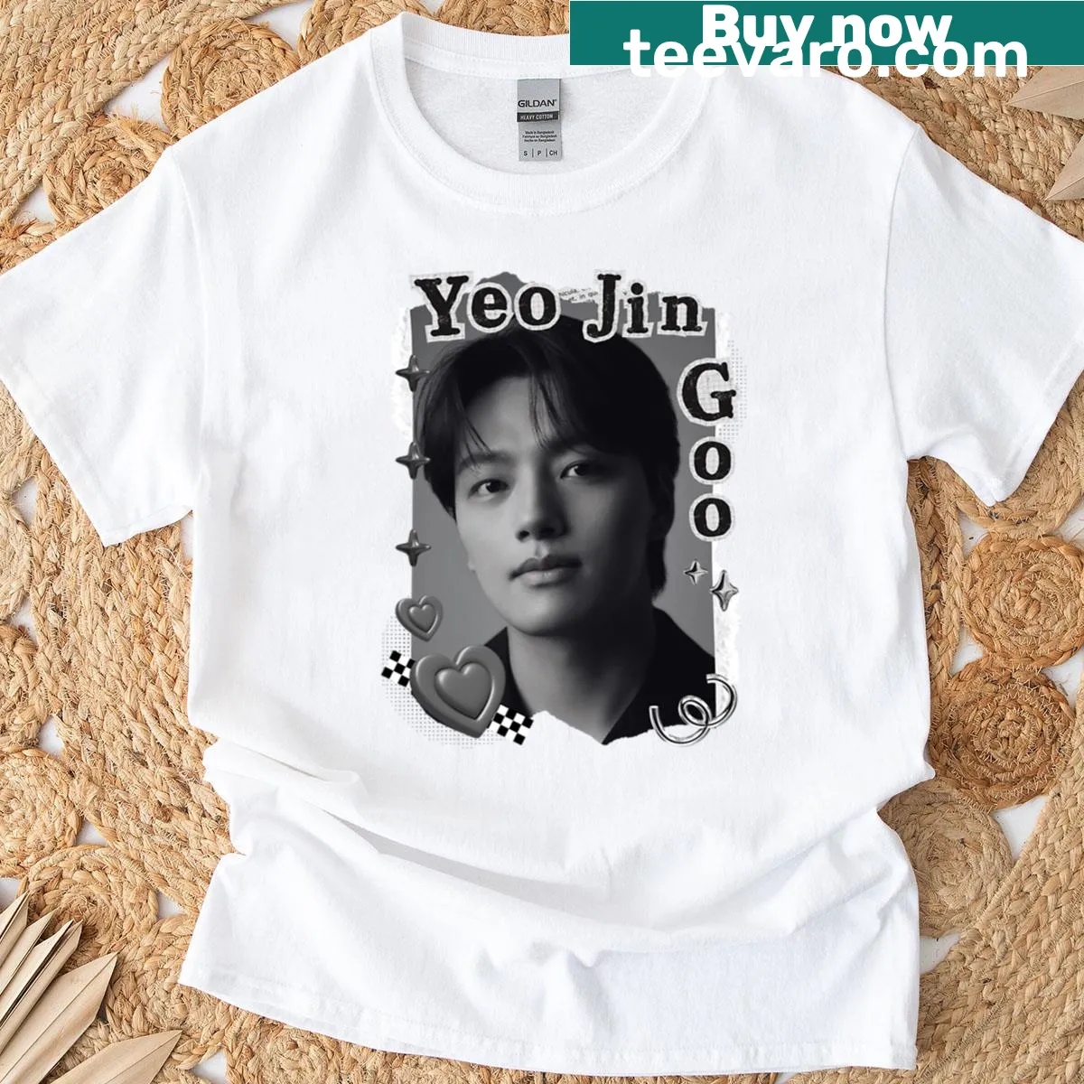 Black and white collage of Yeo Jin-goo on a T-shirt — on a men's t-shirt