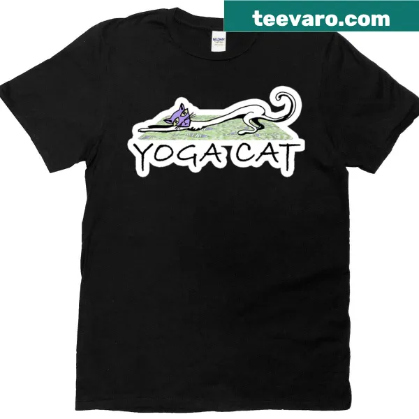 Illustration of a yoga cat stretching on a woven rug