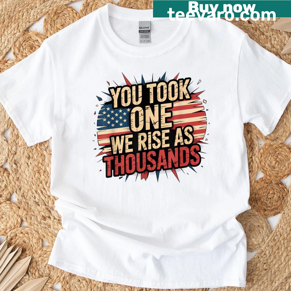 Patriotic t-shirt with American flag and inspirational text — on a men's t-shirt