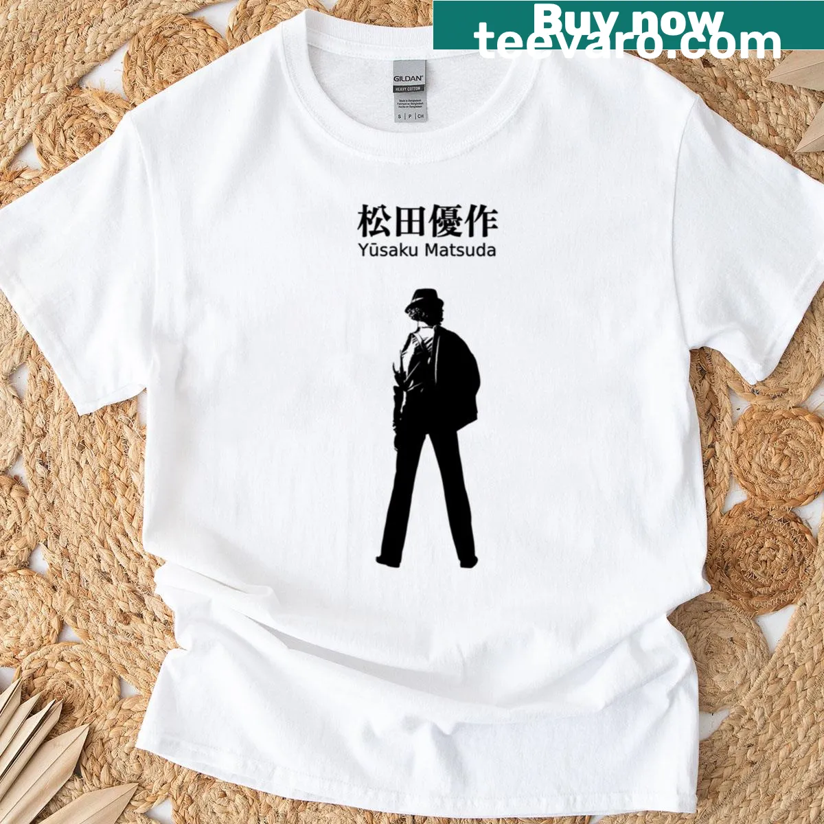 Minimalist T-shirt featuring a silhouette design of Yusaku Matsuda — on a men's t-shirt