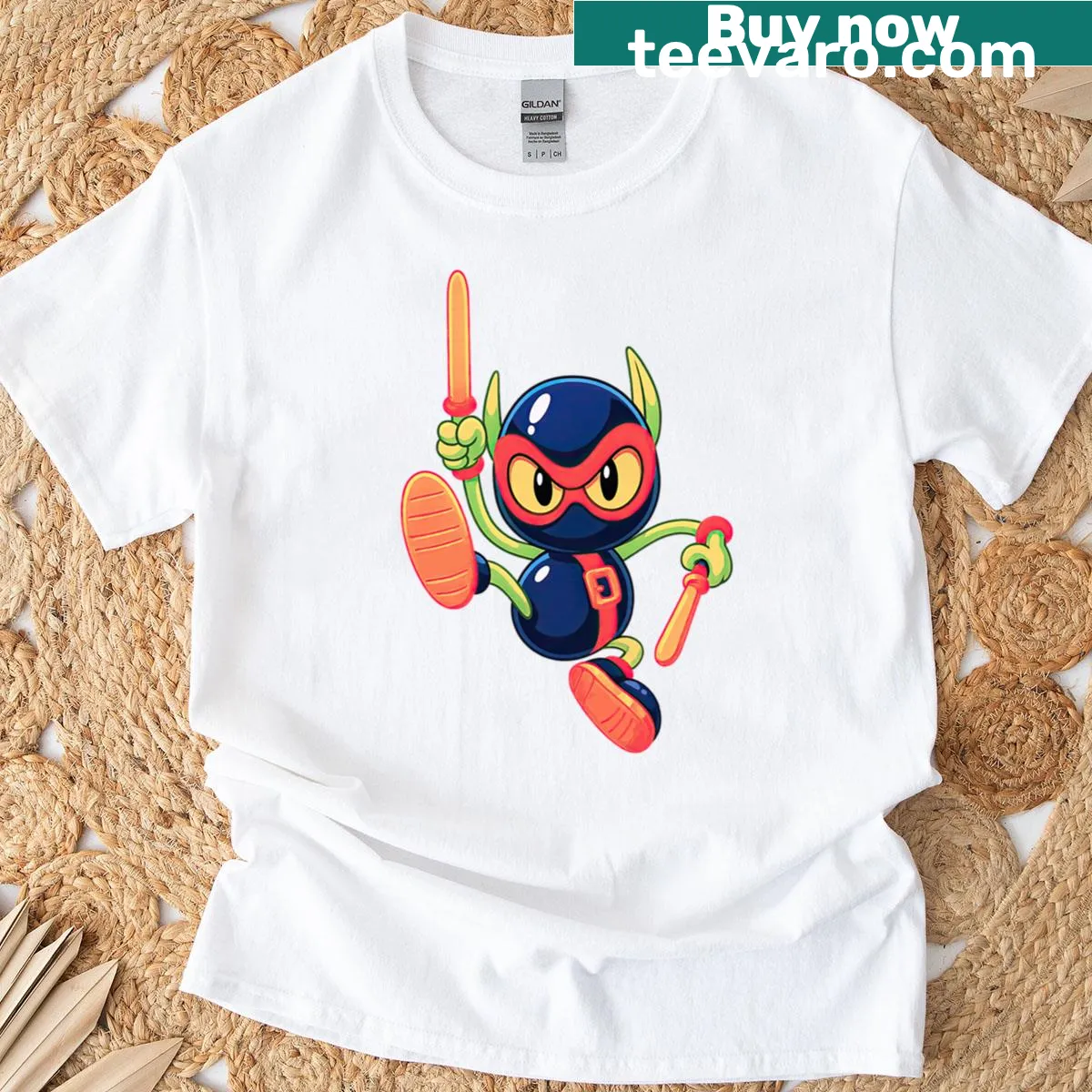 T-shirt featuring Zool retro ninja ant warrior art — on a men's t-shirt