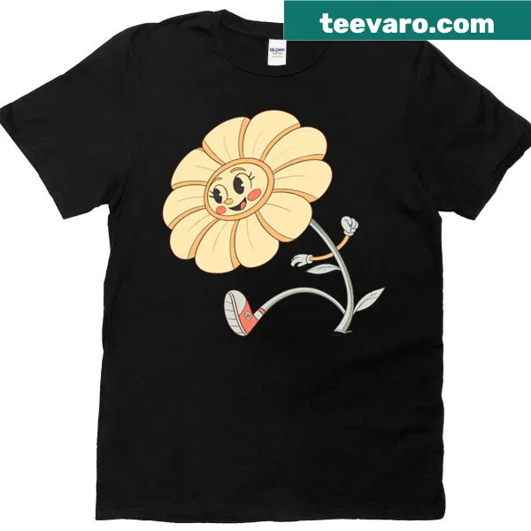 Whimsical 30s cartoon flower illustration on a t-shirt.