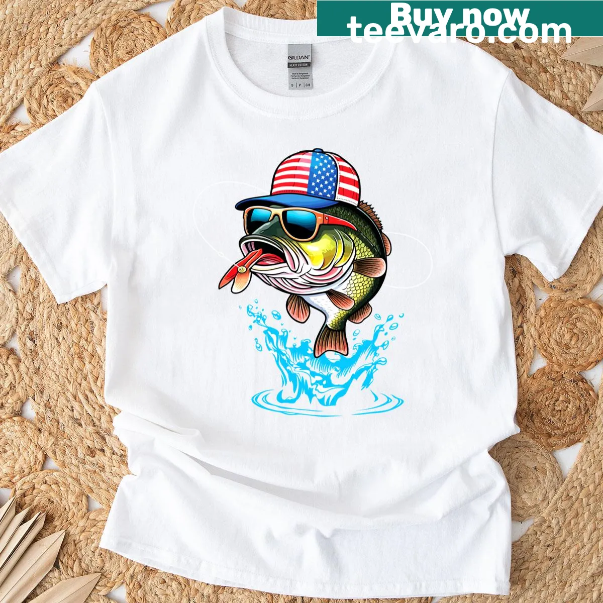Funny 4th of July fishing t-shirt with American flag theme — on a men's t-shirt