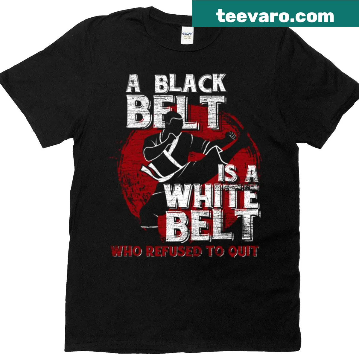 T-shirt featuring a bold black belt graphic — on a men's t-shirt
