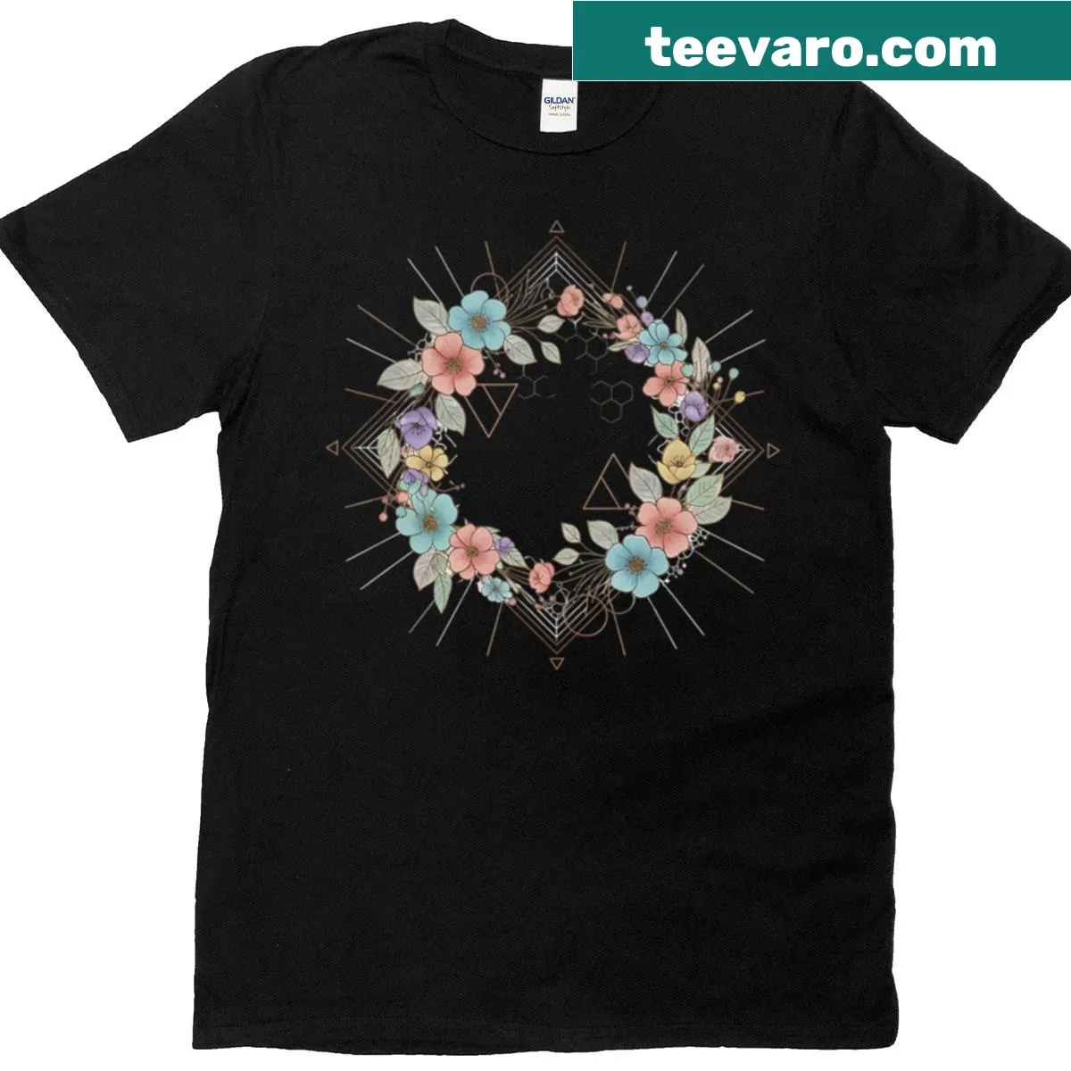 T-shirt featuring a delicate floral wreath with pastel flowers — on a men's t-shirt