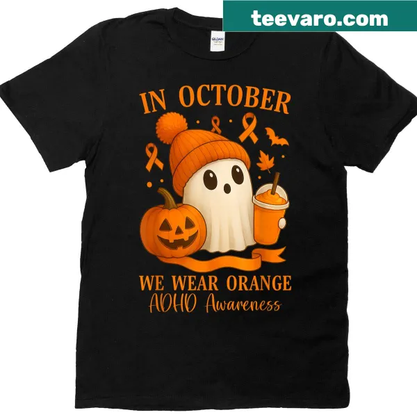 Halloween ghost T-shirt promoting ADHD awareness with orange text