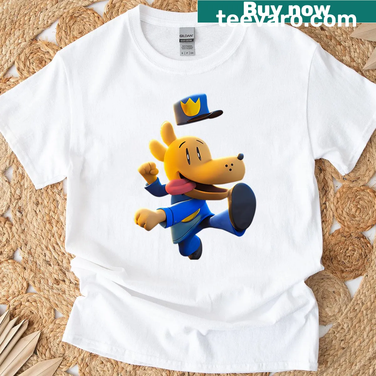 Funny cartoon T-shirt featuring scenes from adventure movies for kids — on a men's t-shirt