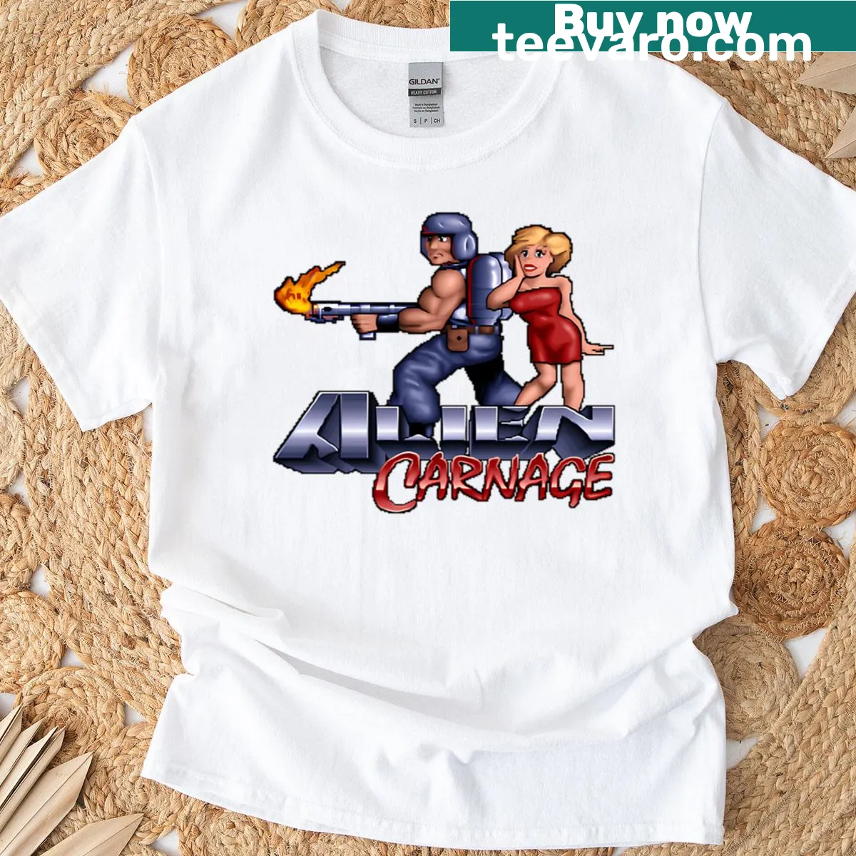 Edgy T-shirt with graphic exploring alien themes and carnage — on a men's t-shirt
