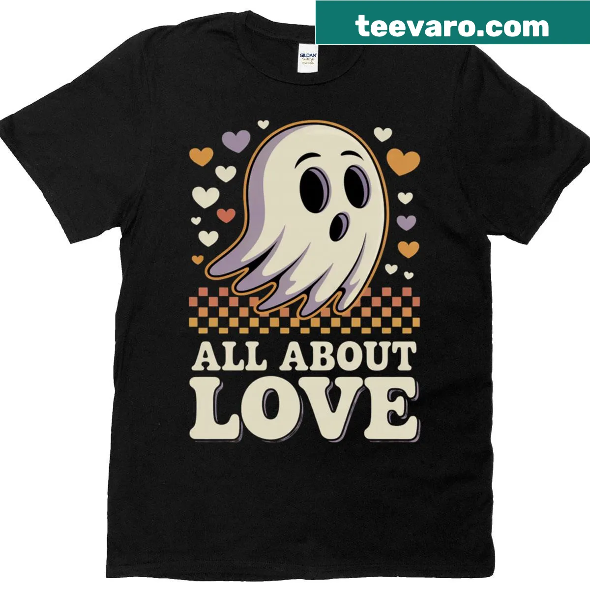 Cute ghost holding a pastel heart graphic on a t-shirt — on a men's t-shirt