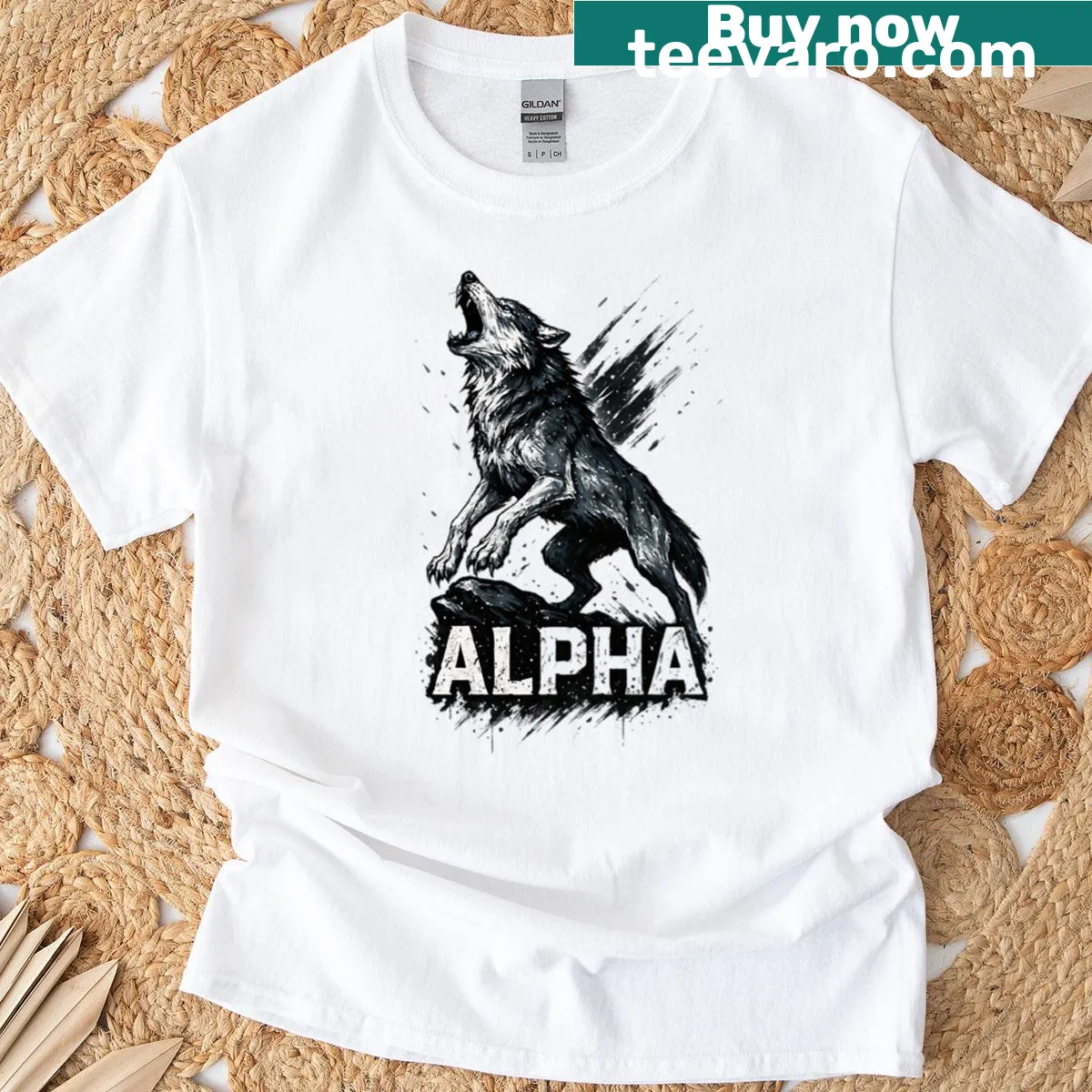 Illustration of a wild wolf on Alpha Wolf t-shirt — on a men's t-shirt
