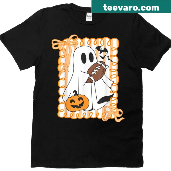 Ghost playing football graphic on a Halloween t-shirt