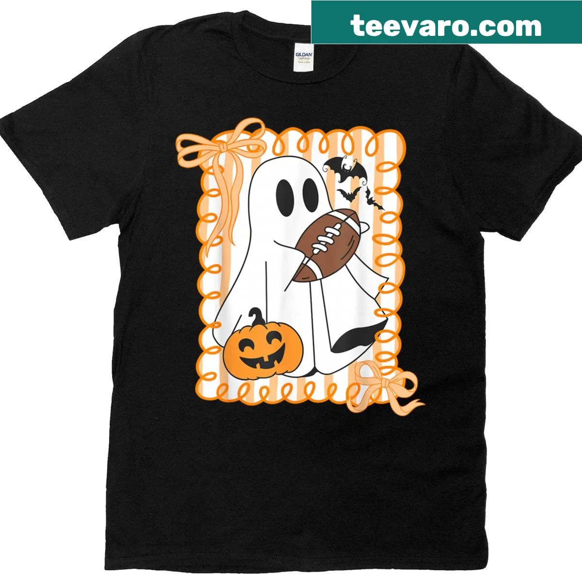 Ghost playing football graphic on a Halloween t-shirt — on a men's t-shirt