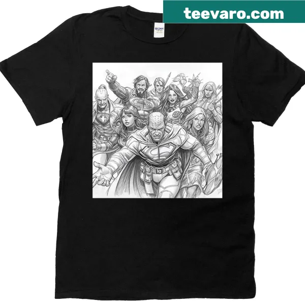 Illustration of an epic superhero team on a t-shirt