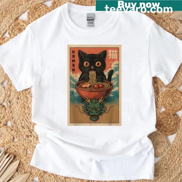 Kawaii T-shirt featuring a cat and dragon enjoying ramen in anime style
