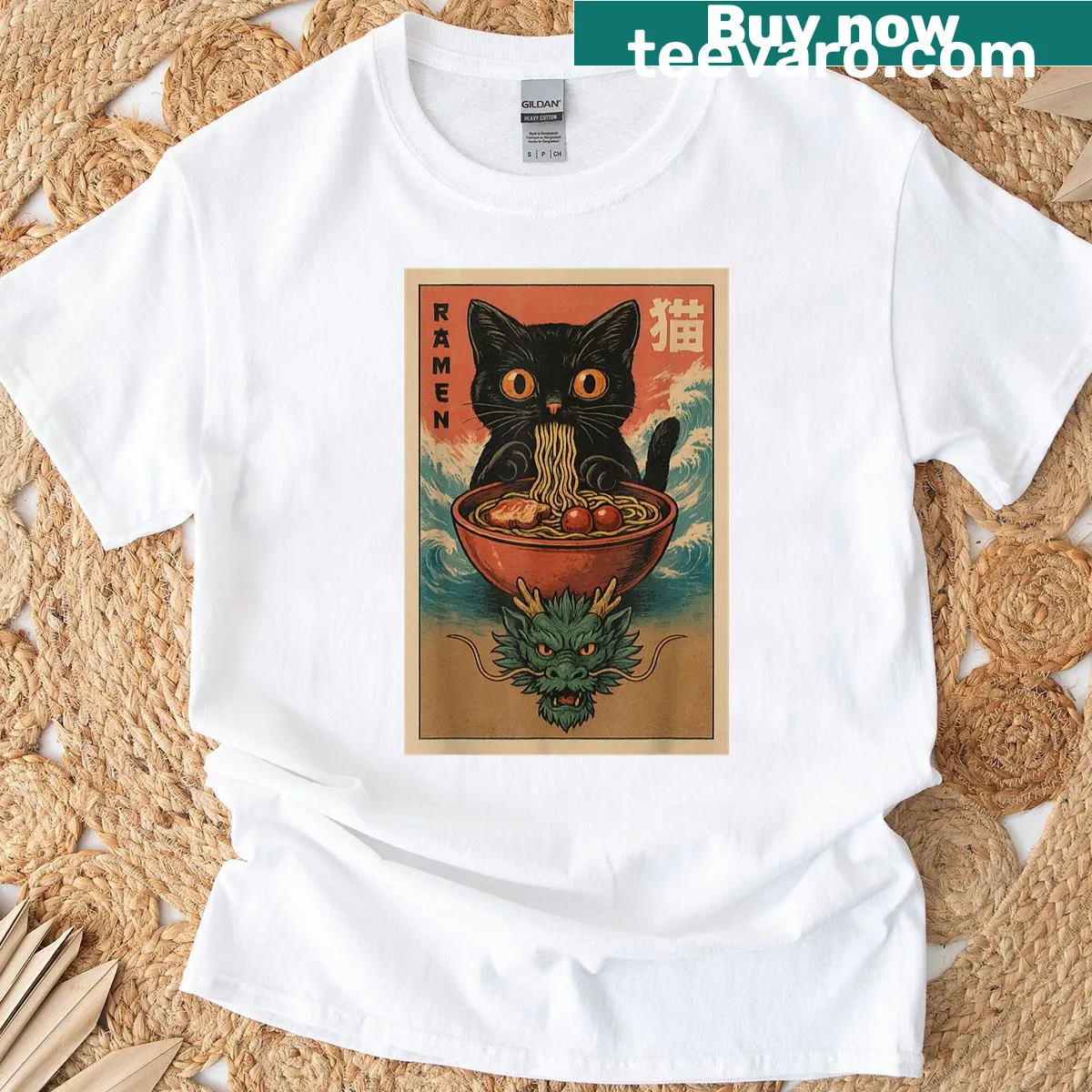 Kawaii T-shirt featuring a cat and dragon enjoying ramen in anime style — on a men's t-shirt