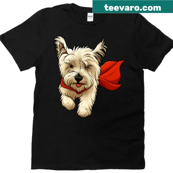 Cartoon design of a superhero dog named Archie on a t-shirt