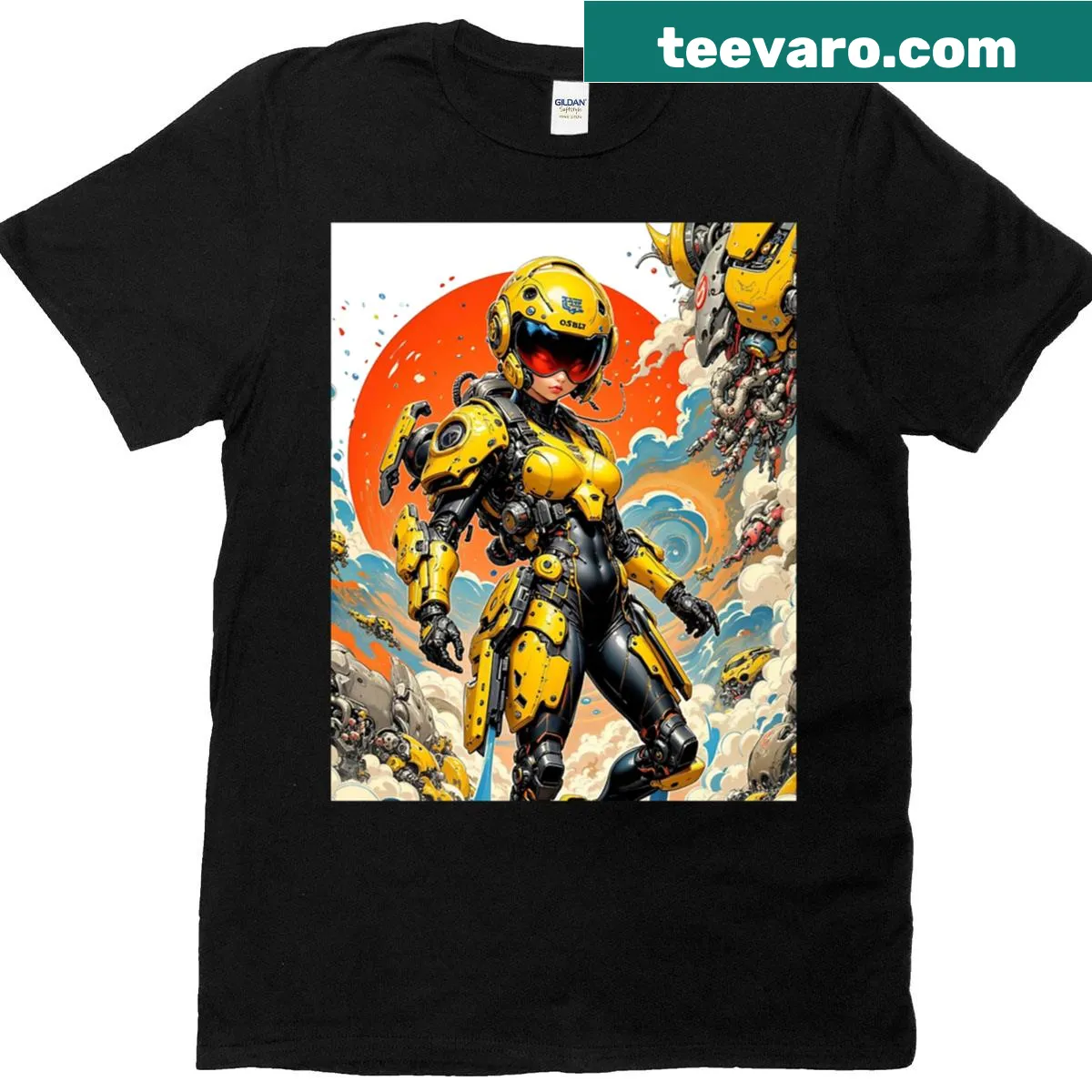 Astronaut woman in a yellow dress illustrated in space. — on a men's t-shirt