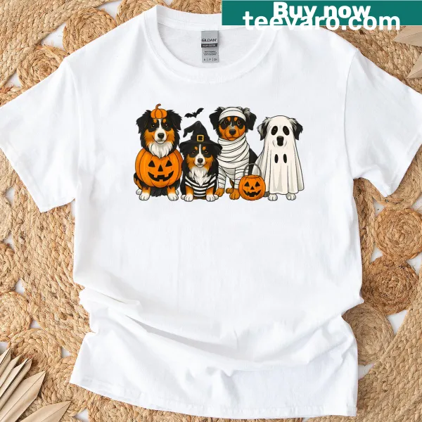 Cartoon Australian Shepherd graphic with Halloween elements on a T-shirt