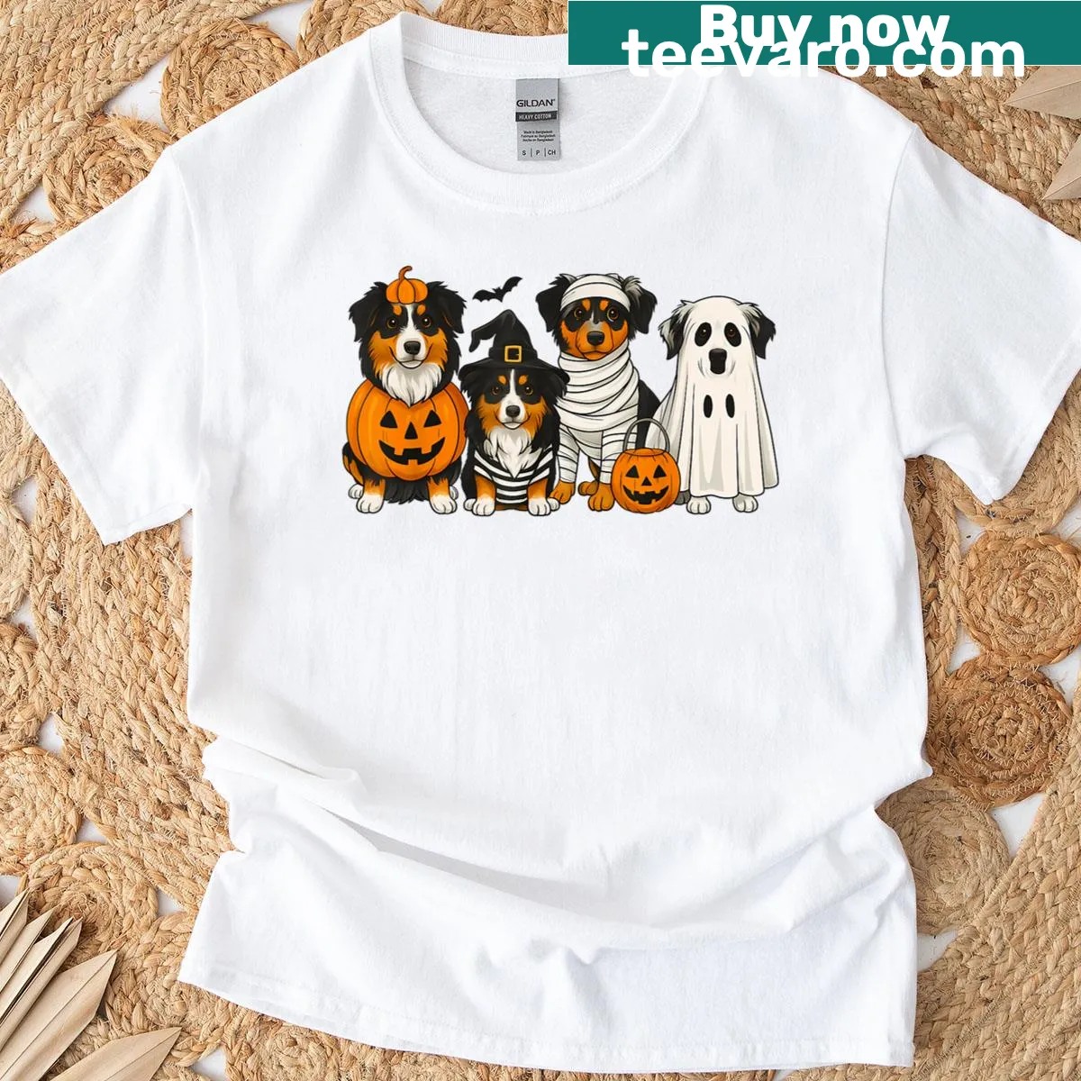 Cartoon Australian Shepherd graphic with Halloween elements on a T-shirt — on a men's t-shirt