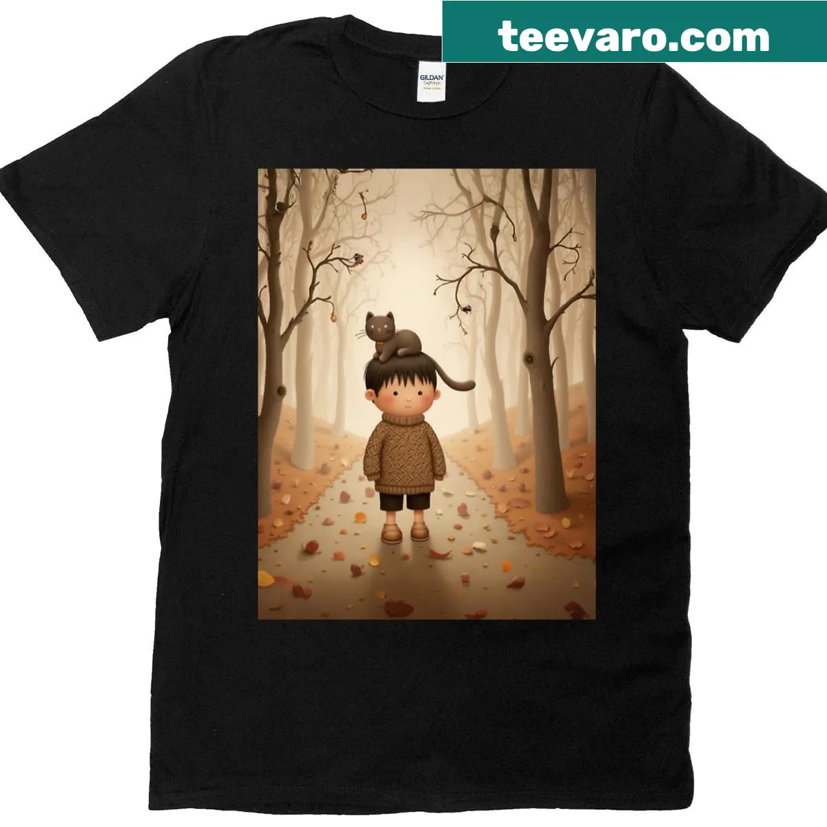 Whimsical forest illustration featuring a cat on a t-shirt — on a men's t-shirt
