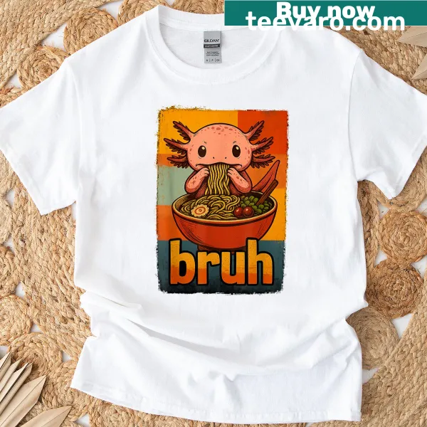 Cartoon axolotl enjoying ramen noodles on a T-shirt