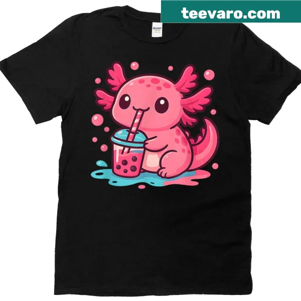 Cute axolotl graphic holding boba tea on a t-shirt