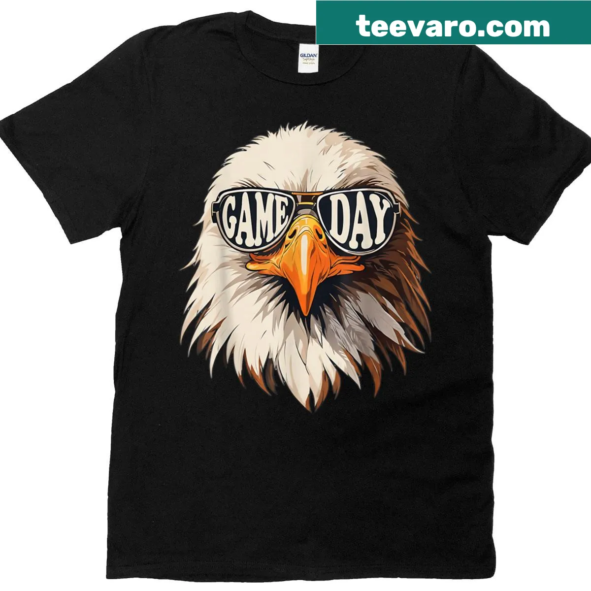 Funny bald eagle in sunglasses graphic on T-shirt — on a men's t-shirt