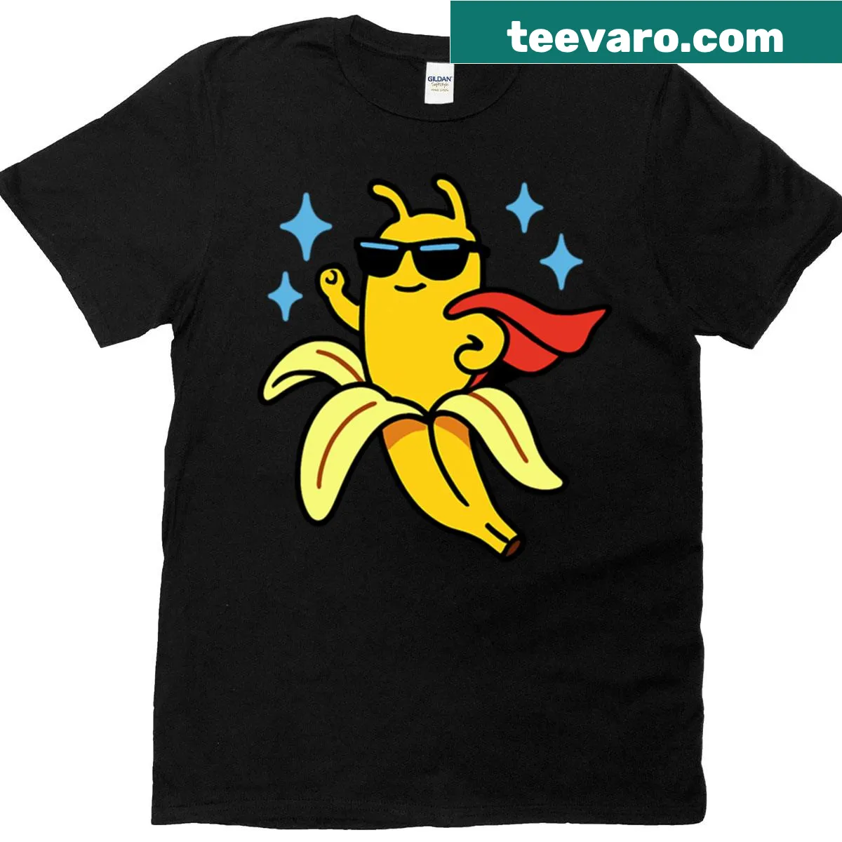 Playful superhero banana slug graphic on T-shirt — on a men's t-shirt