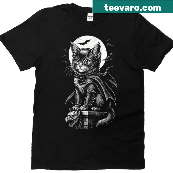 Gothic superhero bat cat illustration on Halloween-themed t-shirt