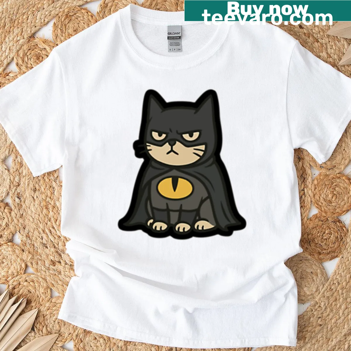 Whimsical Batcat superhero illustration on a T-shirt — on a men's t-shirt