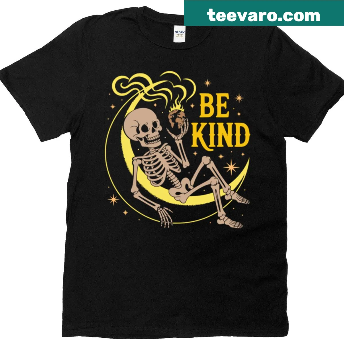 Edgy T-shirt with a skeleton on a crescent moon promoting kindness. — on a men's t-shirt