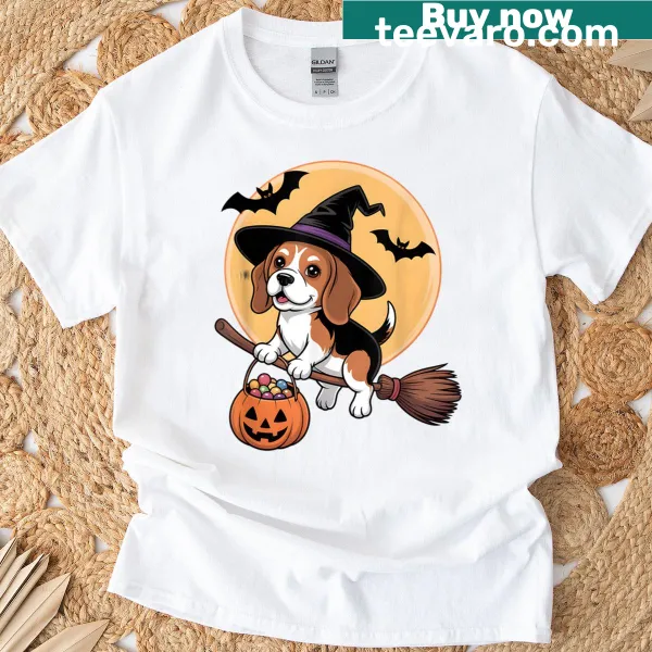 Beagle in a witch hat on pumpkin for Halloween t-shirt
