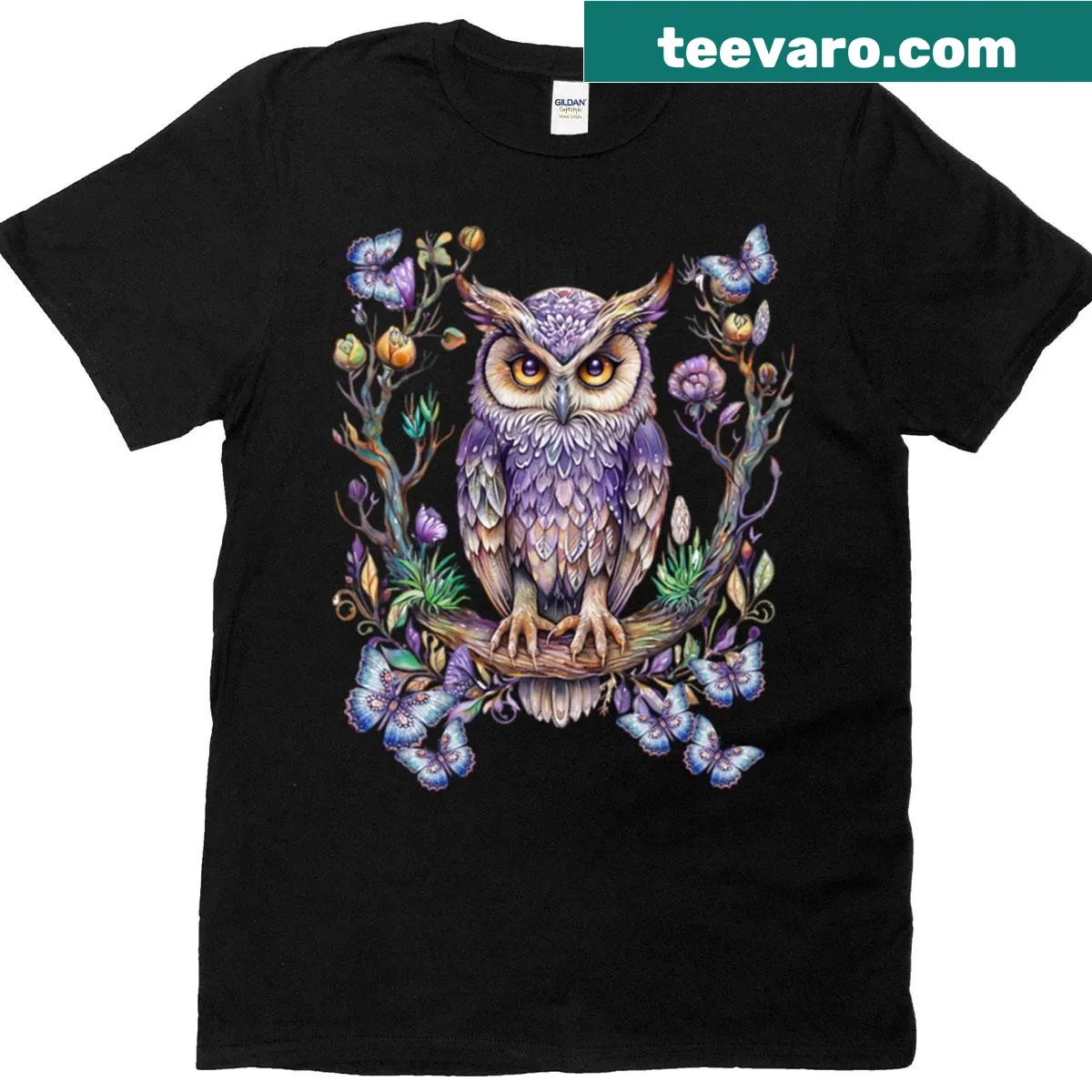 Illustrated fantasy owl and butterflies graphic on oversized T-shirt — on a men's t-shirt