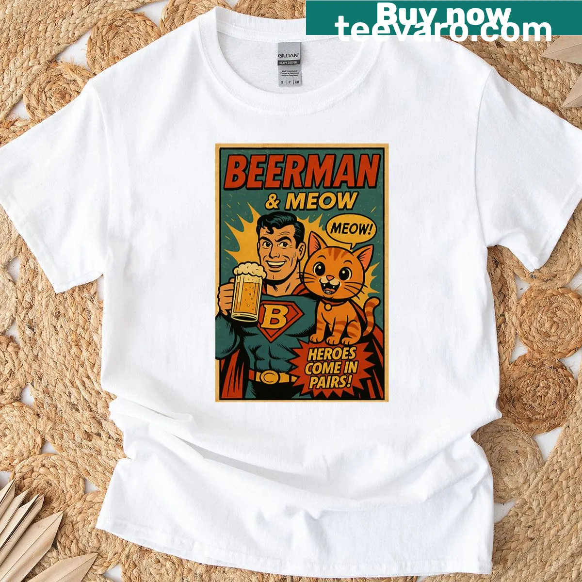 Oversized T-shirt featuring a retro comic cat superhero holding a beer — on a men's t-shirt