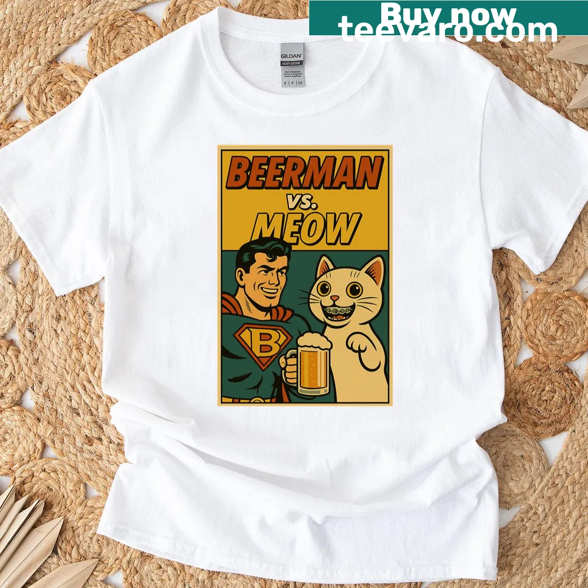 Retro comic design of beerman and a cat with braces — on a men's t-shirt