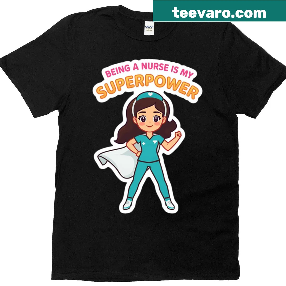 Cute cartoon graphic stating 'Being A Nurse Is My Superpower' on T-shirt. — on a men's t-shirt