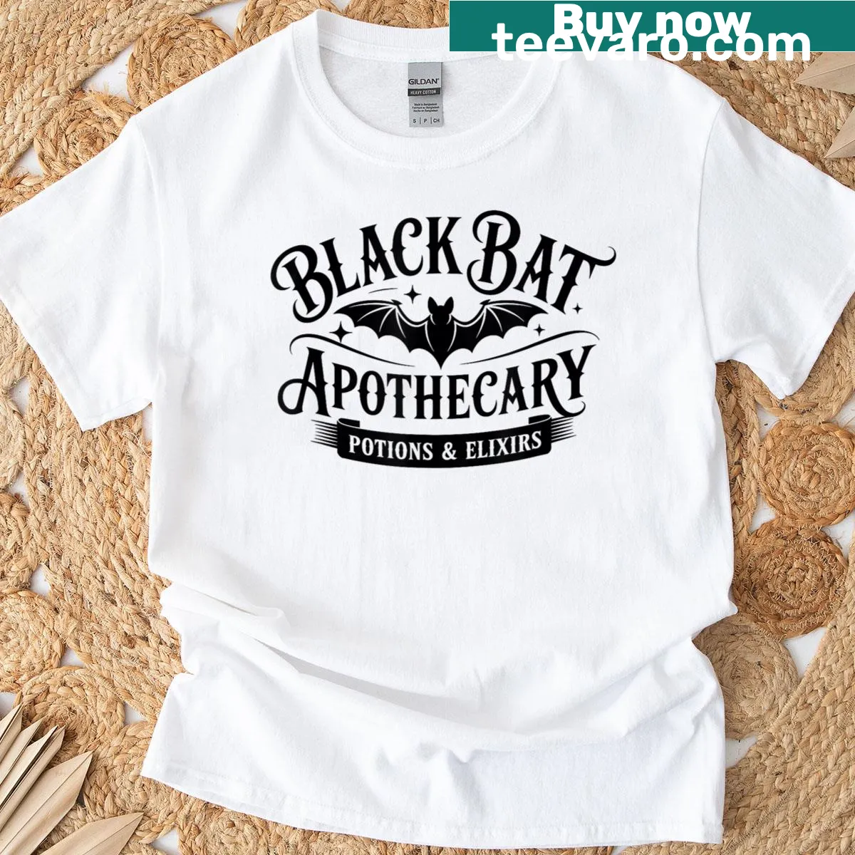 Illustrated bat and potions T-shirt with apothecary theme — on a men's t-shirt