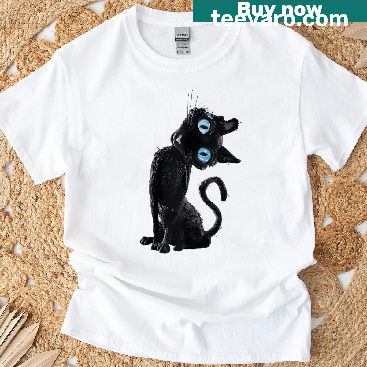 Cute black cat T-shirt with button eyes and lazy meme design — on a men's t-shirt