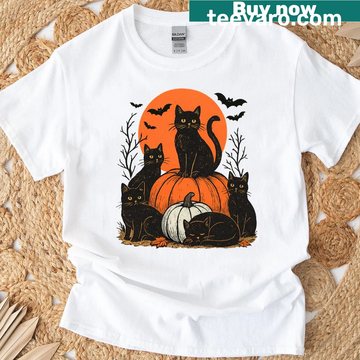 Cute Halloween t-shirt featuring black cats and pumpkins design — on a men's t-shirt