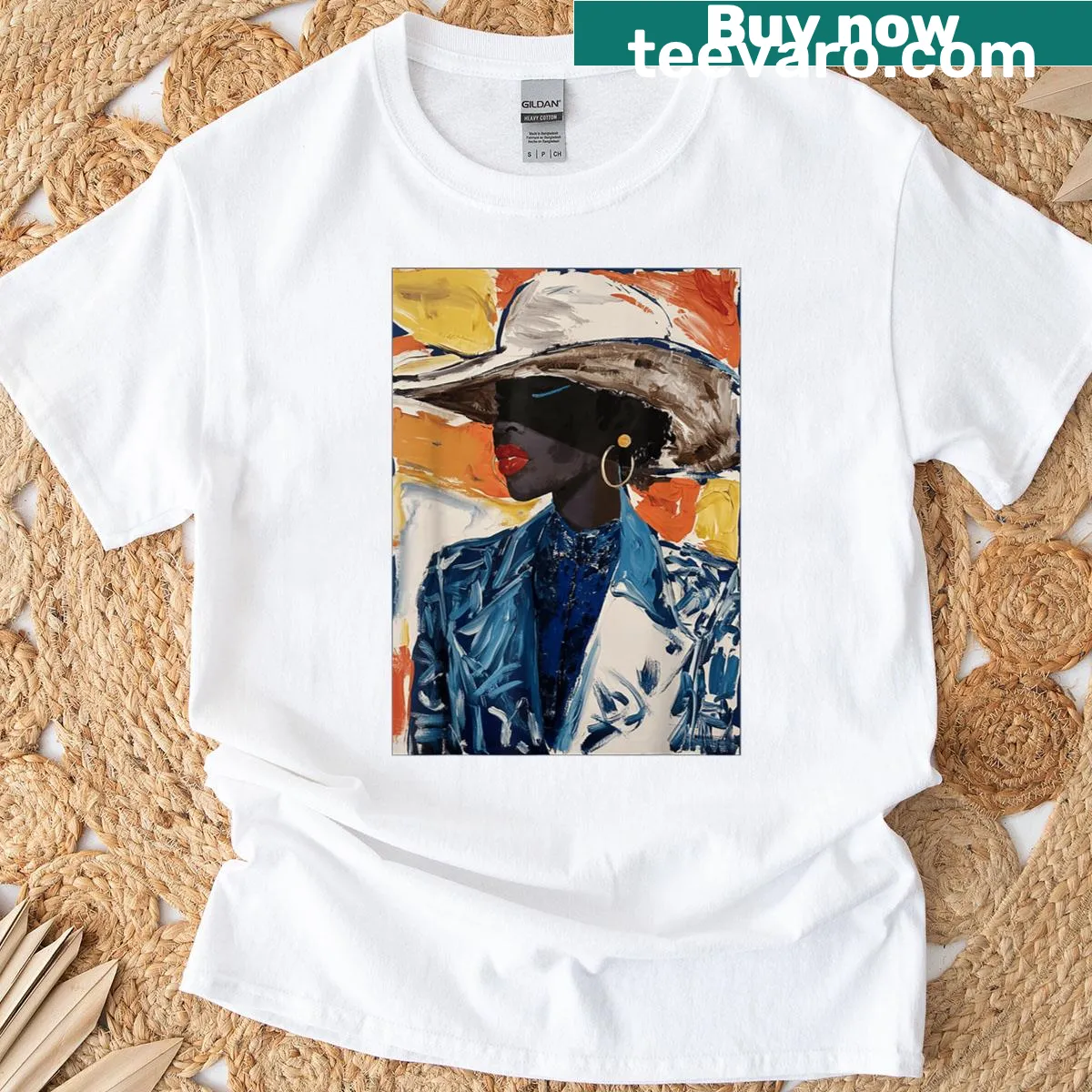 Artistic graphic of a black cowgirl in rodeo setting on T-shirt. — on a men's t-shirt