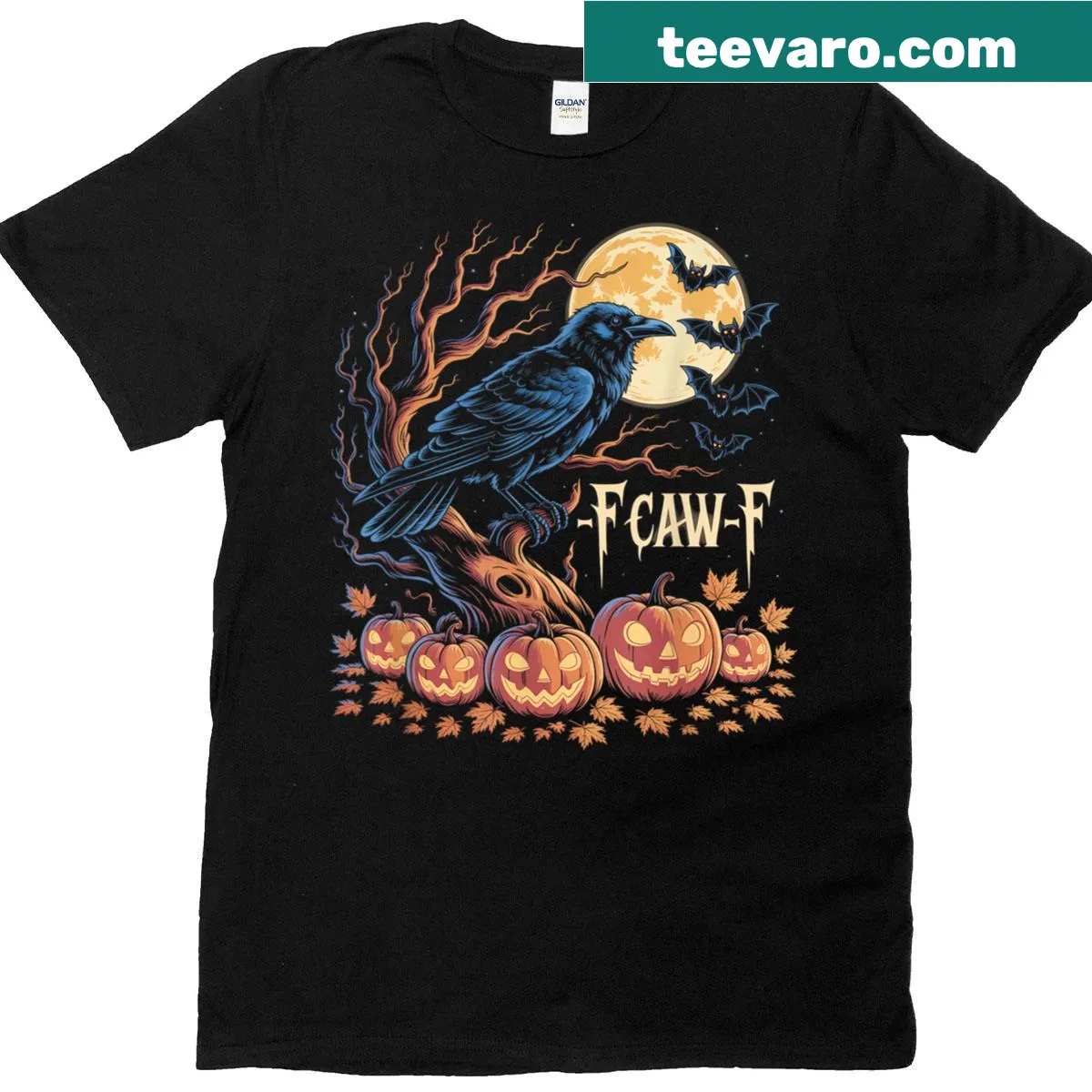Gothic crow and moon graphic with F-caw-f text on a T-shirt — on a men's t-shirt