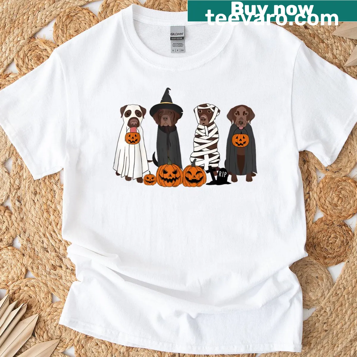 Cartoon of black Labradors dressed as ghosts and witches — on a men's t-shirt