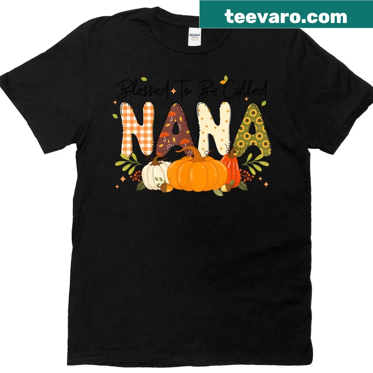 Whimsical pumpkin design with Blessed Nana text — on a men's t-shirt
