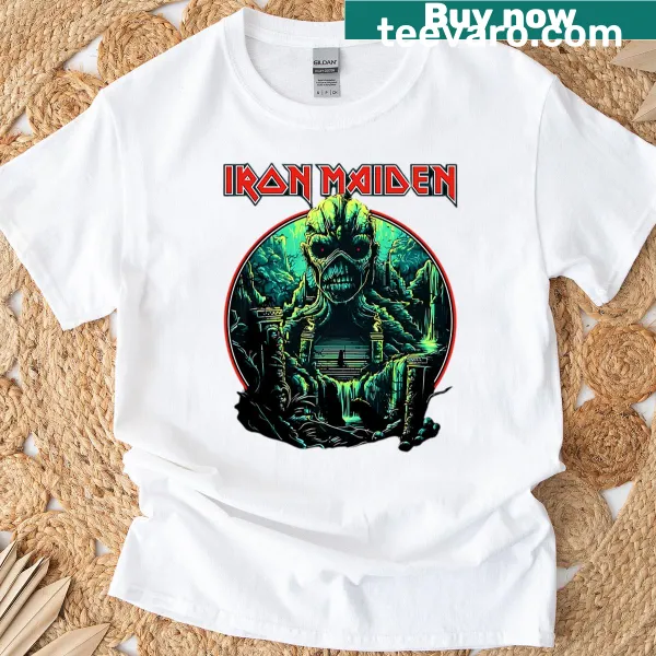 Metal-themed T-shirt featuring a mystical warrior design inspired by Iron Maiden