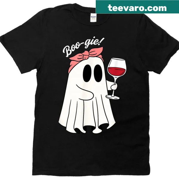 Cute ghost character holding a glass on a Halloween T-shirt.