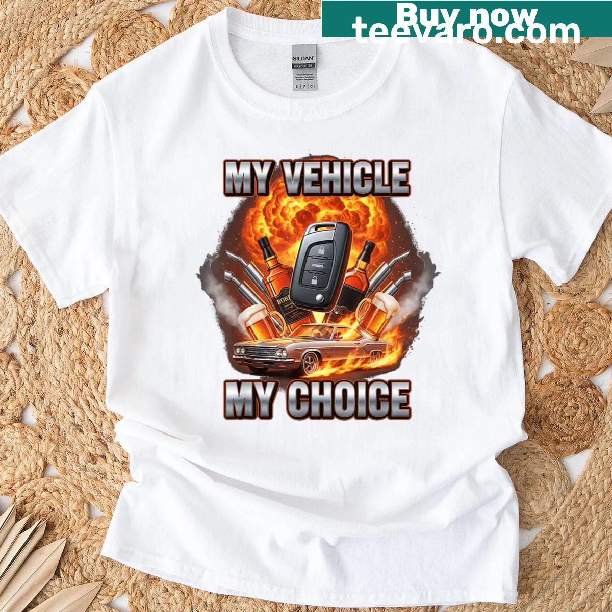 Sarcastic T-shirt with meme about vehicle choice and drinking — on a men's t-shirt