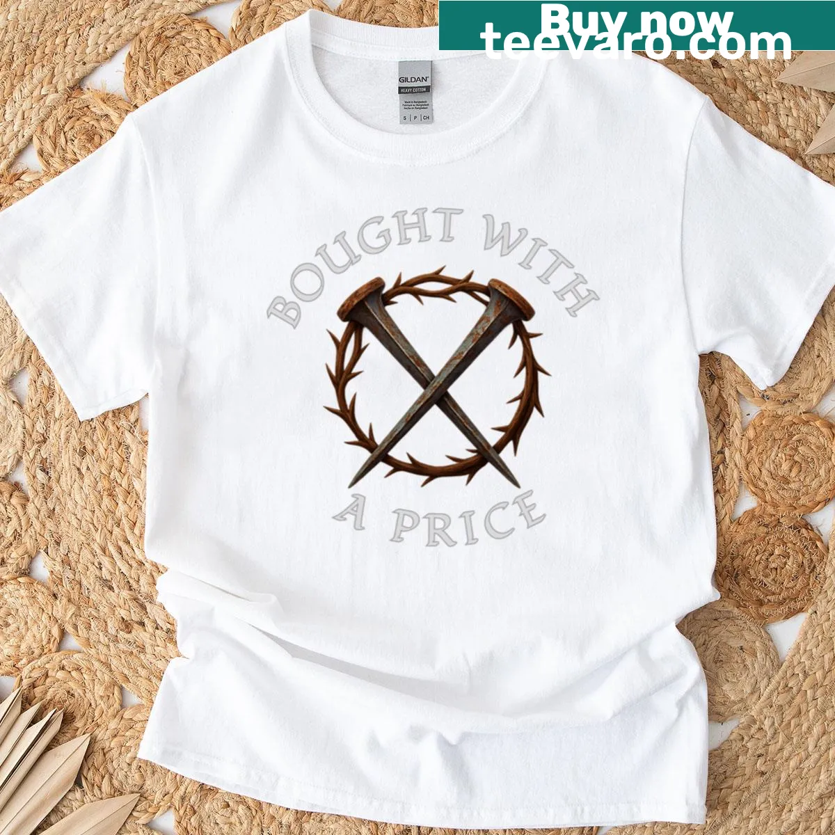 Inspirational Bible message T-shirt with 'Bought With A Price' text — on a men's t-shirt