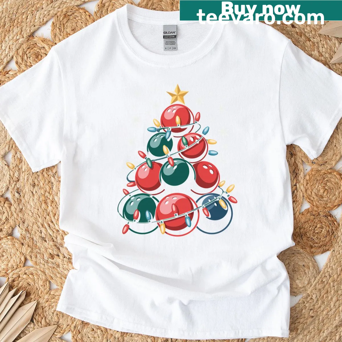 Funny Christmas T-shirt featuring bowling-themed Christmas tree — on a men's t-shirt